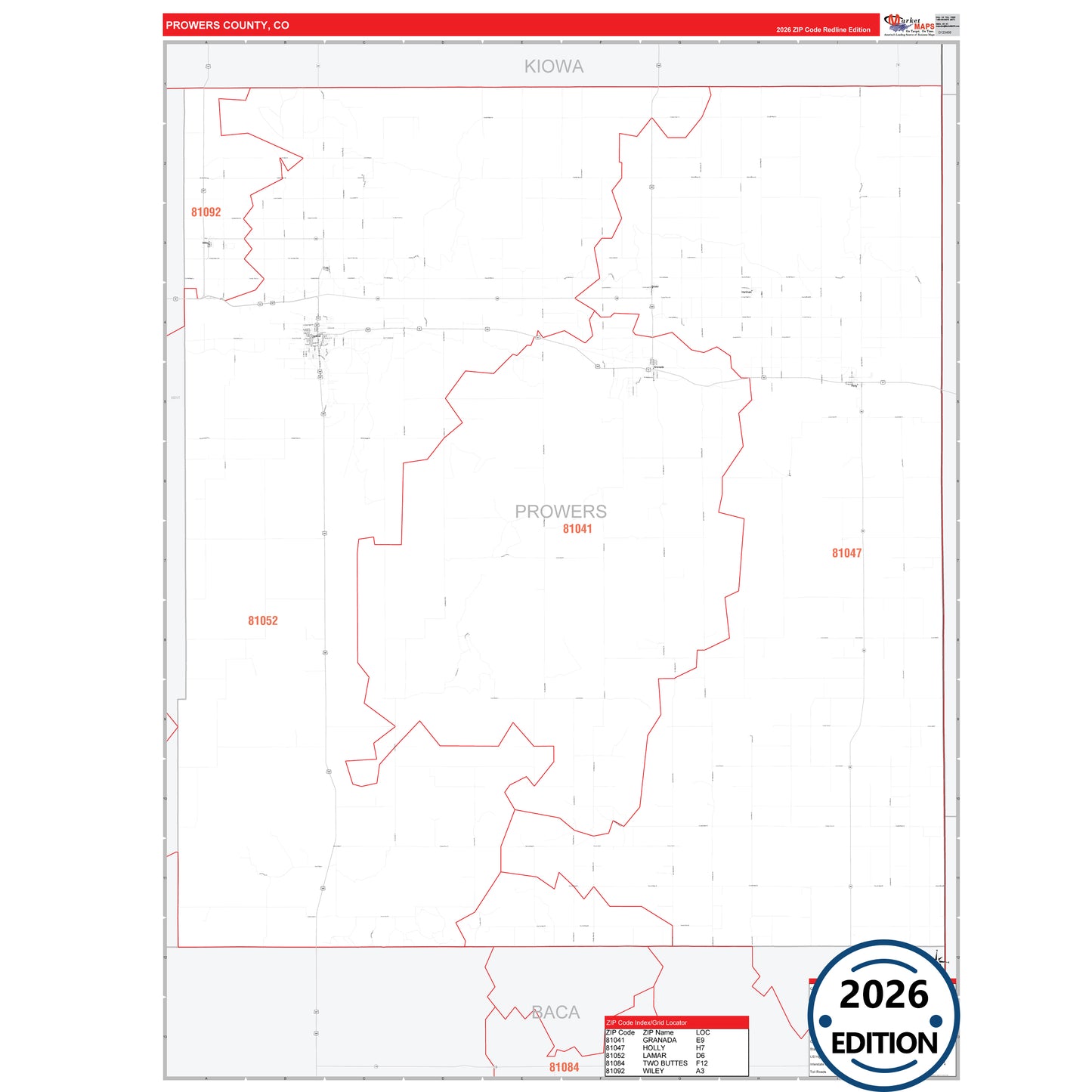 Prowers County, CO Red Line 5 Digit ZIP Code Wall Map