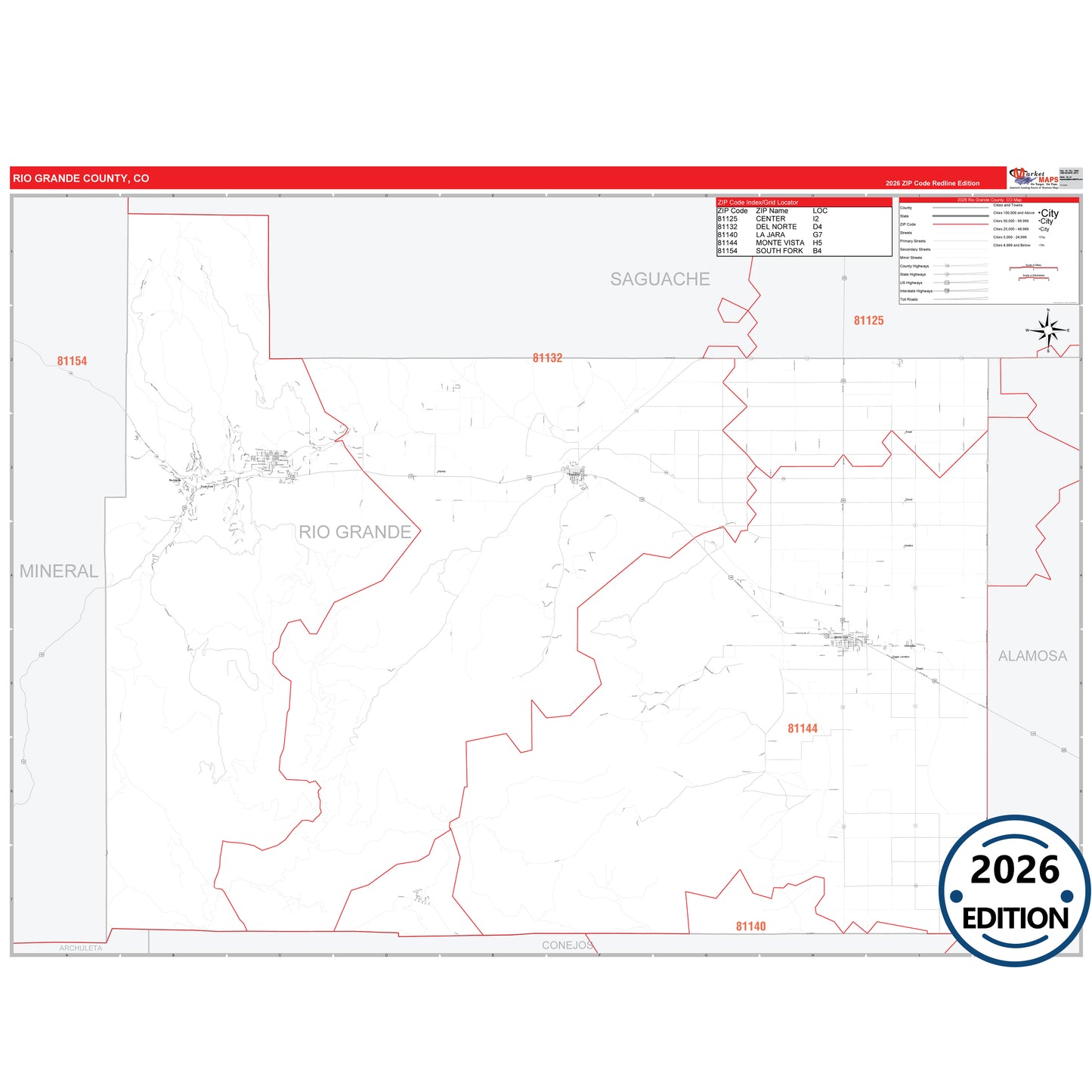 Rio Grande County, CO Red Line 5 Digit ZIP Code Wall Map