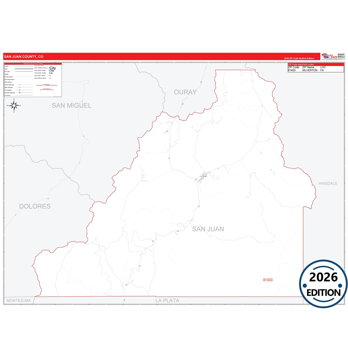 San Juan County, CO Red Line 5 Digit ZIP Code Wall Map