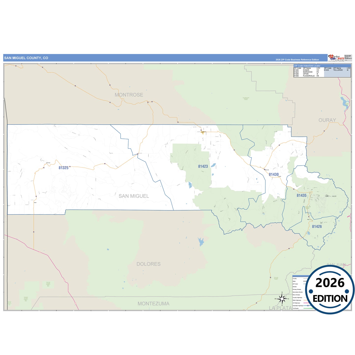 San Miguel County, CO Business Reference 5 Digit ZIP Code Wall Map