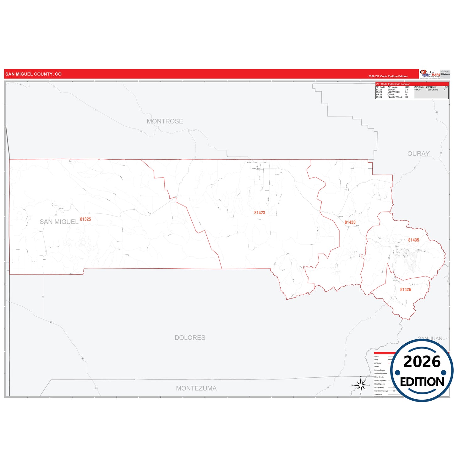 San Miguel County, CO Red Line 5 Digit ZIP Code Wall Map