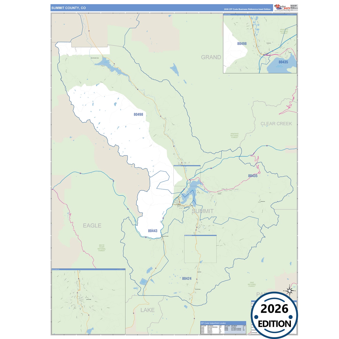 Summit County, CO Business Reference 5 Digit ZIP Code Wall Map