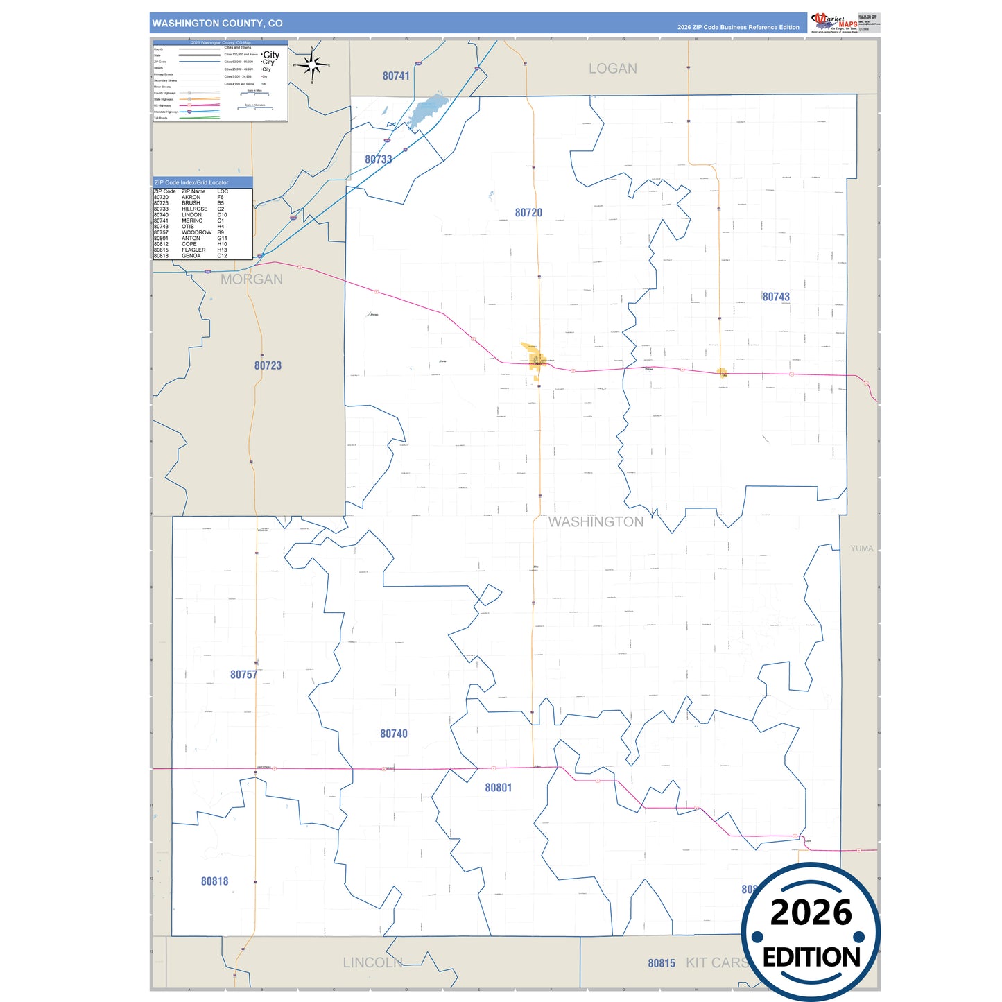 Washington County, CO Business Reference 5 Digit ZIP Code Wall Map