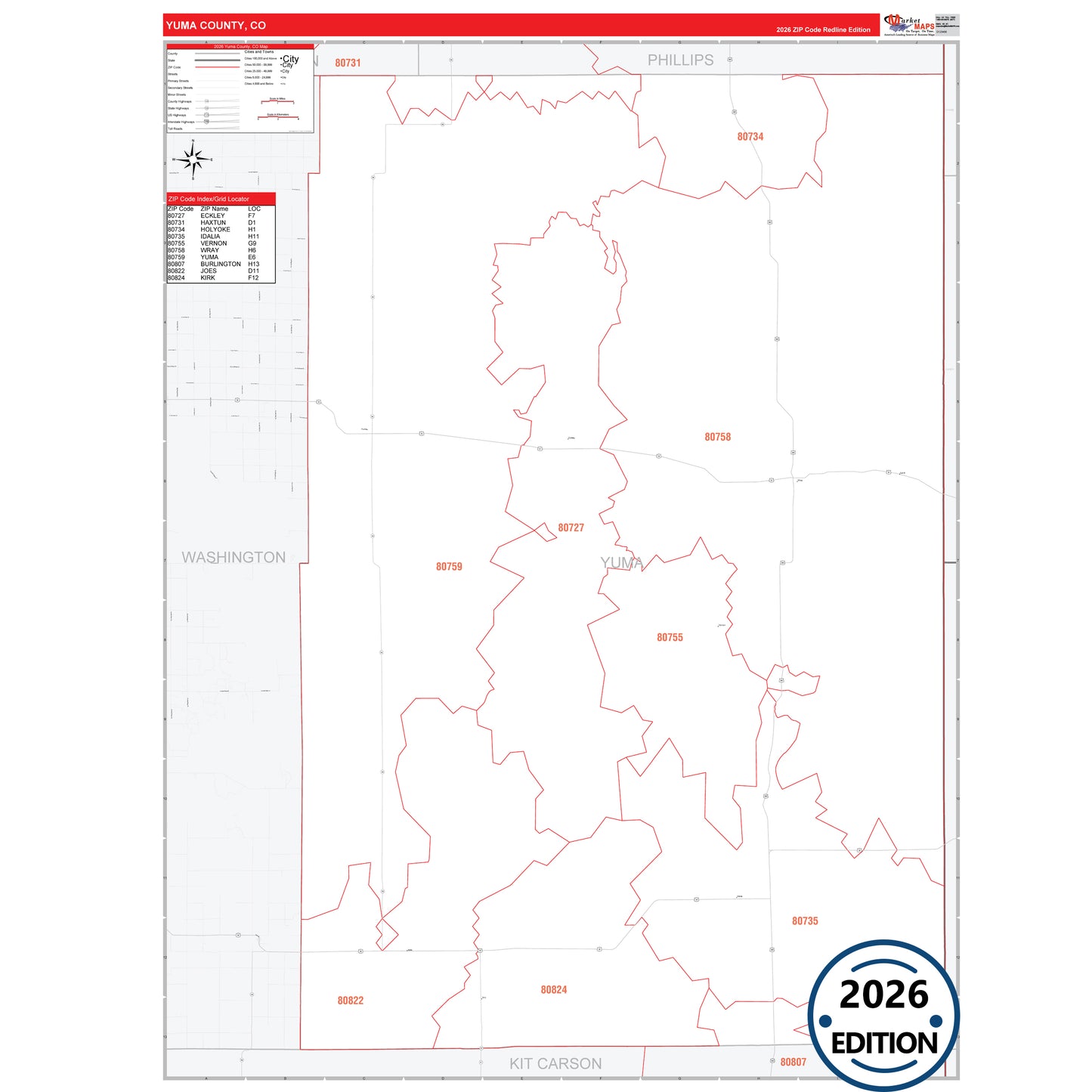 Yuma County, CO Red Line map with detailed roads, cities, and ZIP code boundaries.
