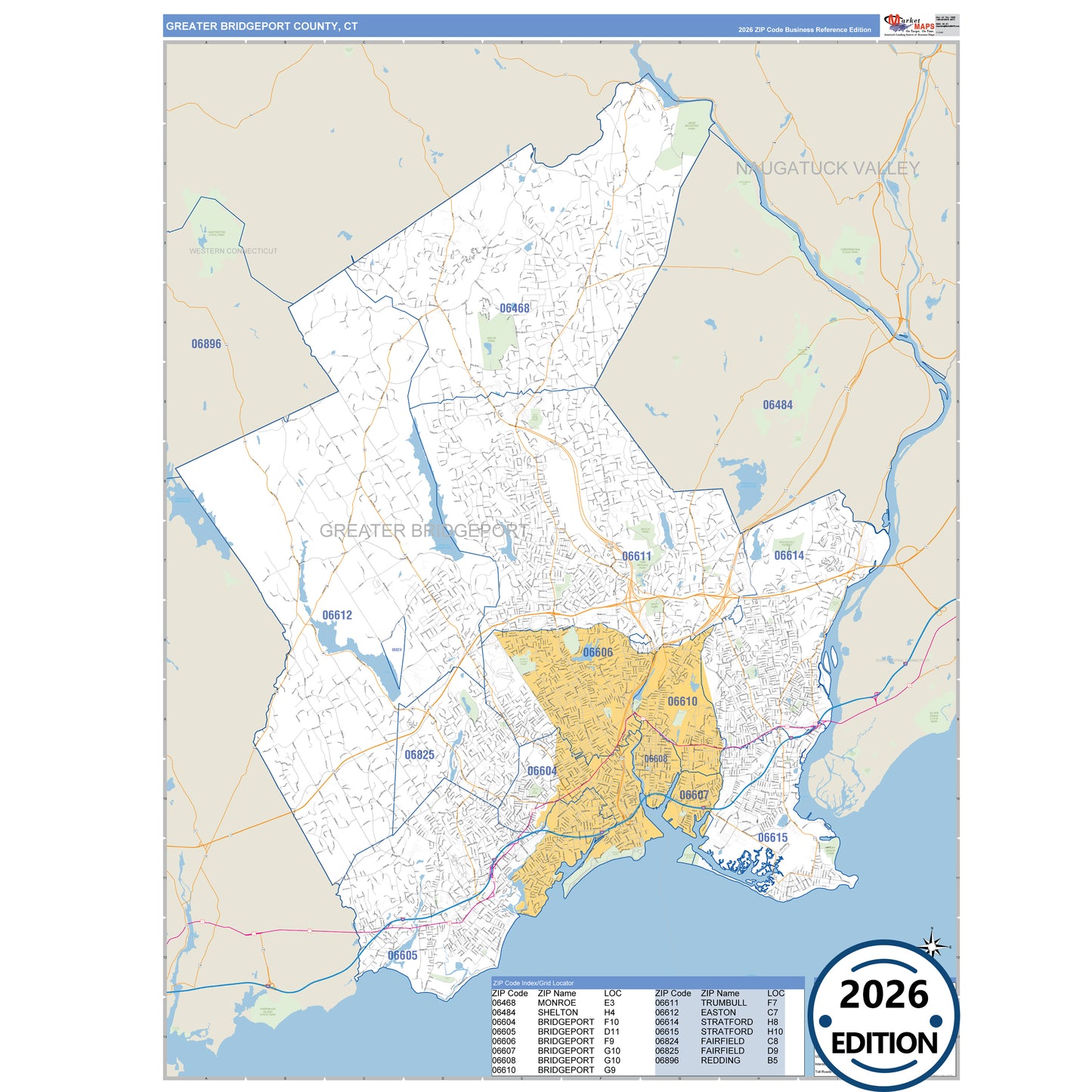 Greater Bridgeport County, CT Business Reference 5 Digit ZIP Code Wall Map