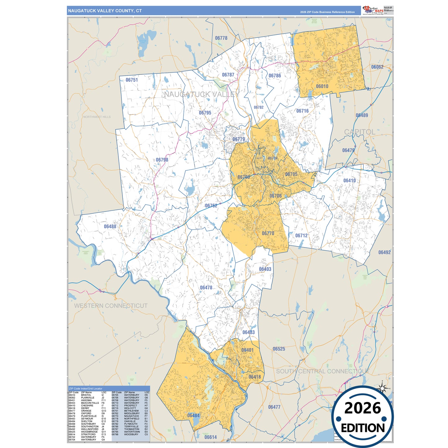 Naugatuck Valley County, CT Business Reference 5 Digit ZIP Code Wall Map