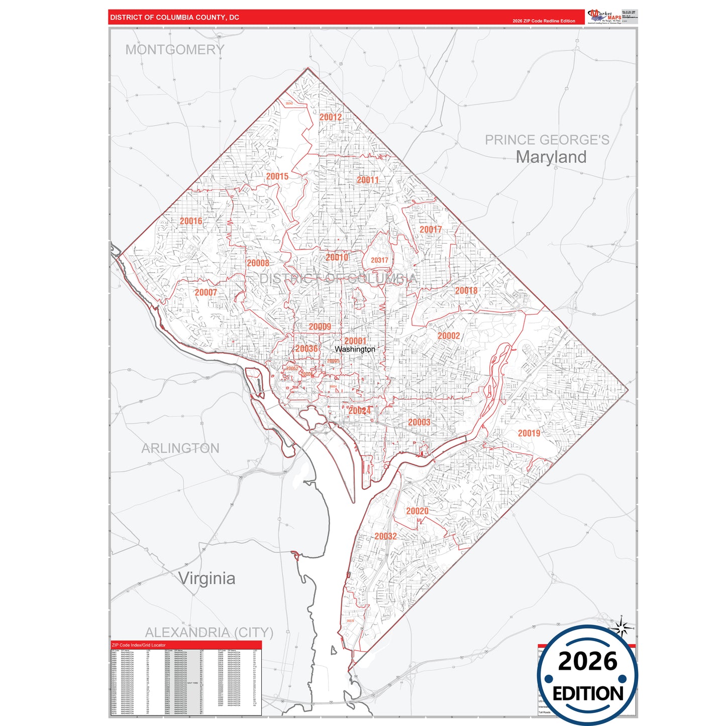District Of Columbia County, DC Red Line 5 Digit ZIP Code Wall Map