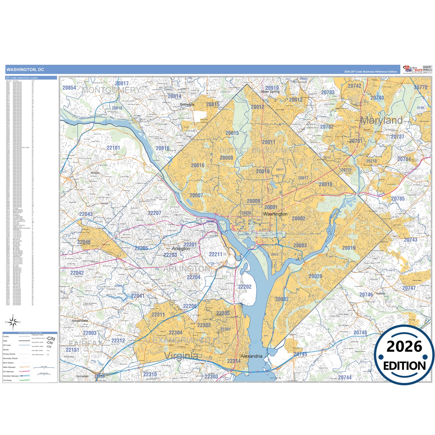 Washington DC Business Reference 5 Digit ZIP Code Wall Map