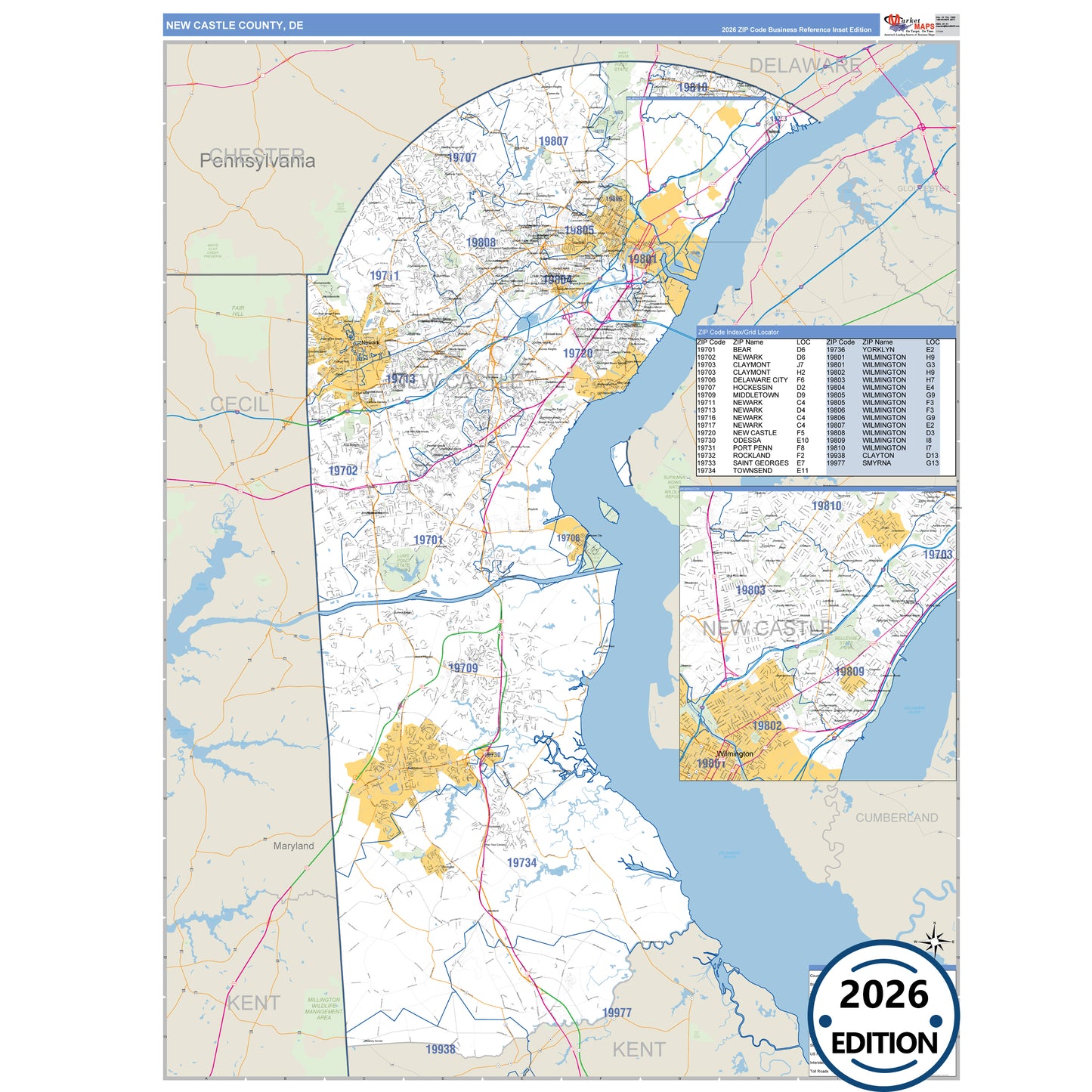 New Castle County, DE Business Reference 5 Digit ZIP Code Wall Map