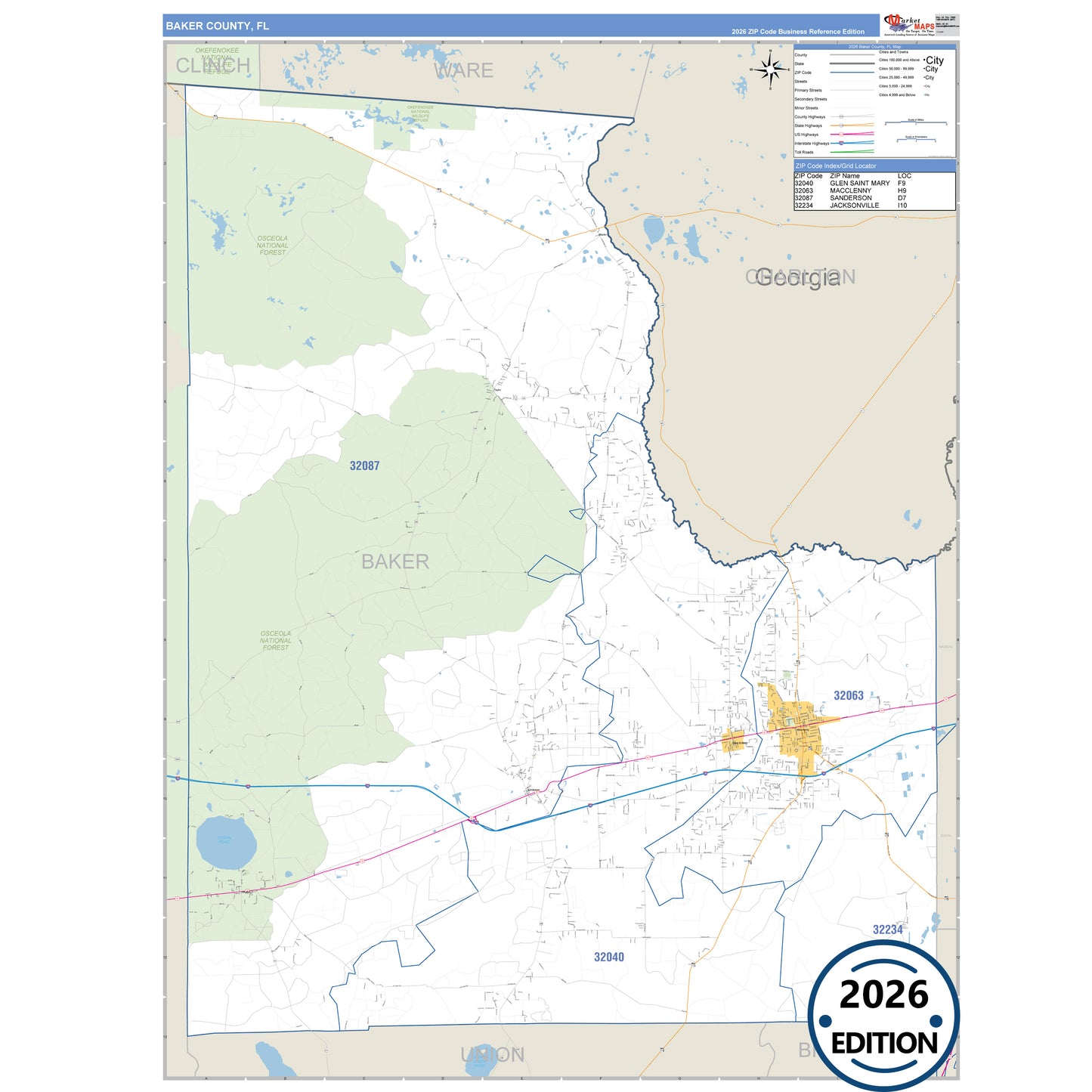 Baker County, FL Business Reference 5 Digit ZIP Code Wall Map
