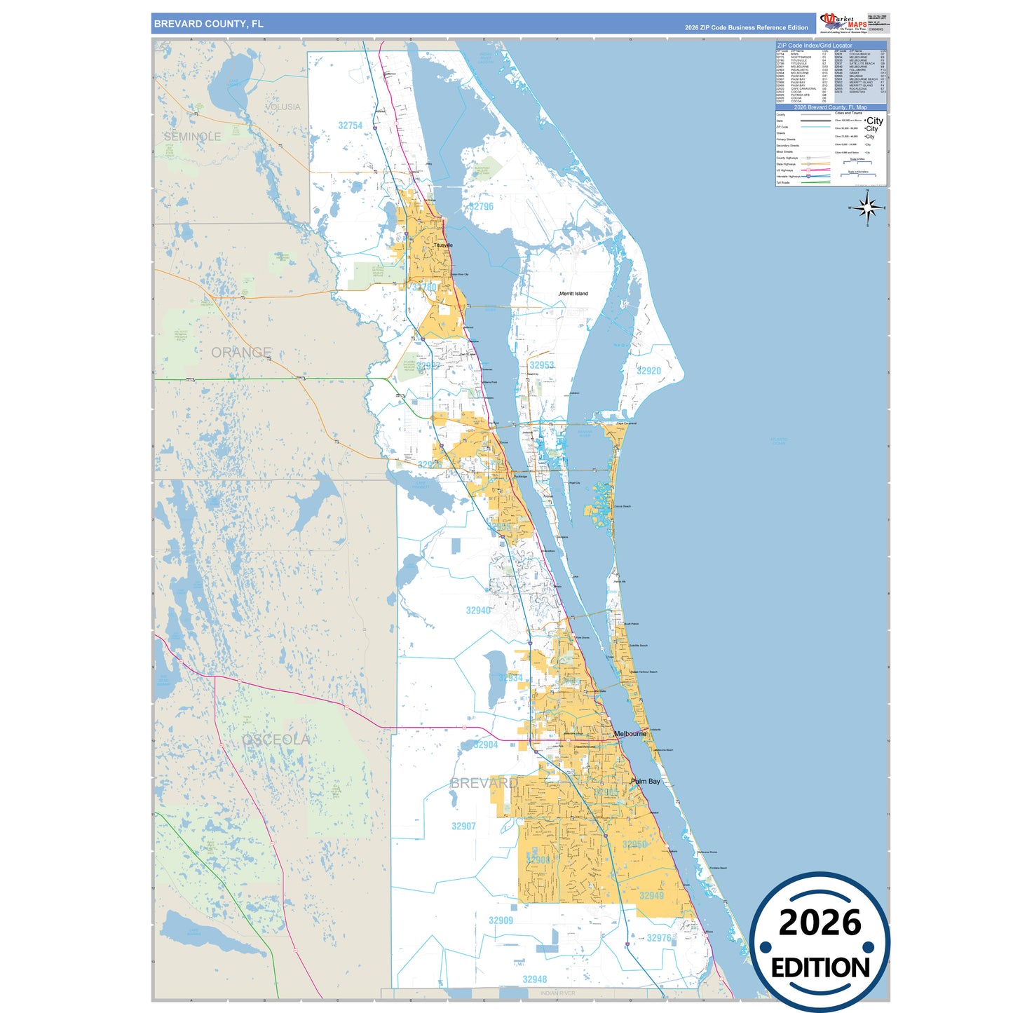 Brevard County, FL Business Reference 5 Digit ZIP Code Wall Map