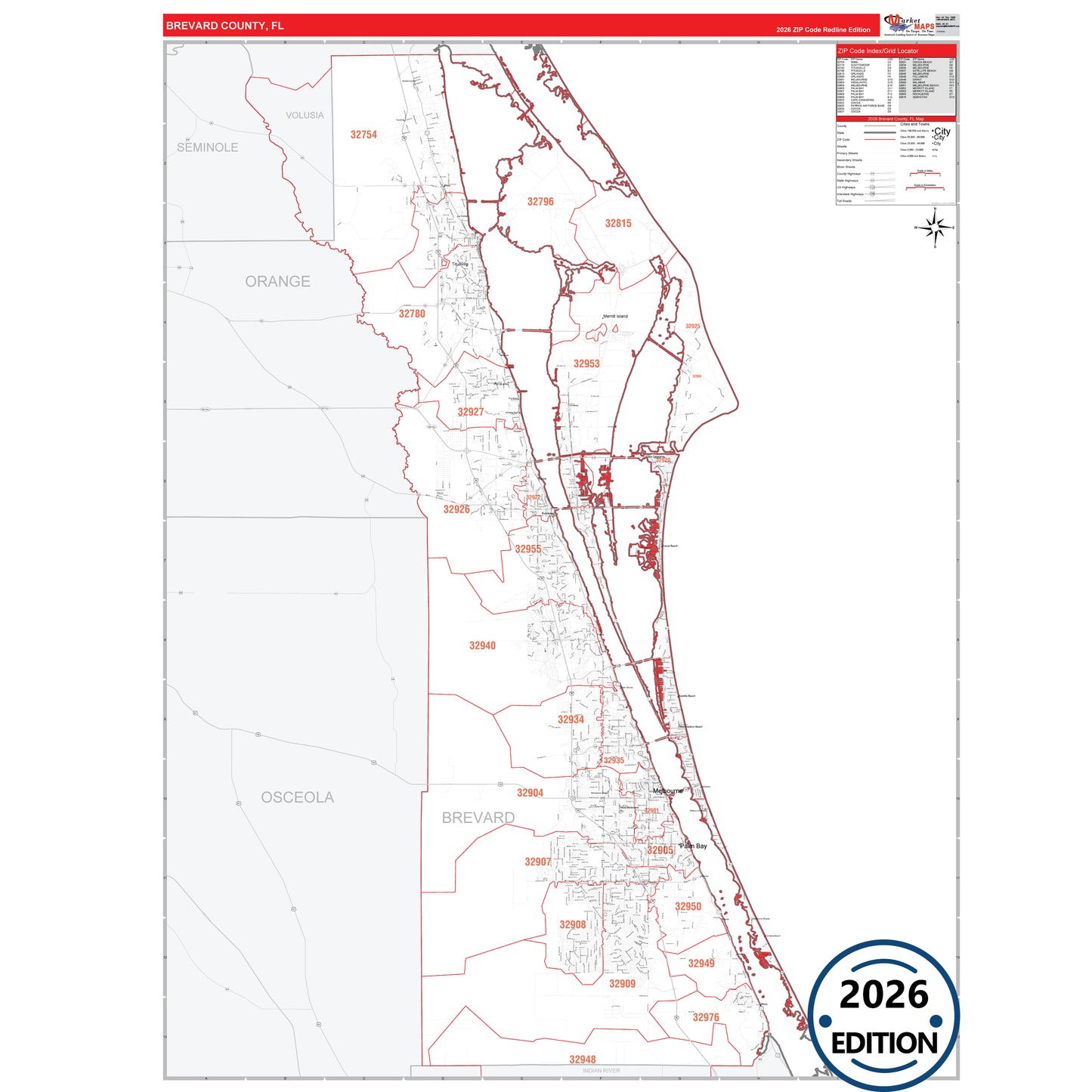 Brevard County, FL Red Line 5 Digit ZIP Code Wall Map