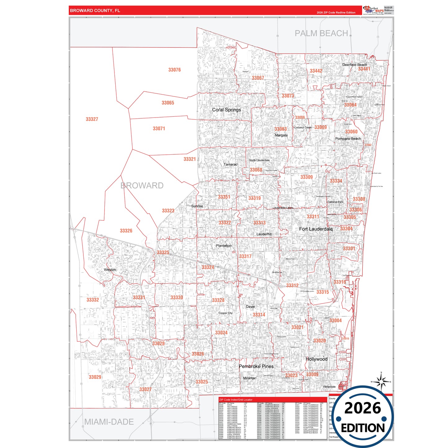 Broward County, FL Red Line 5 Digit ZIP Code Wall Map