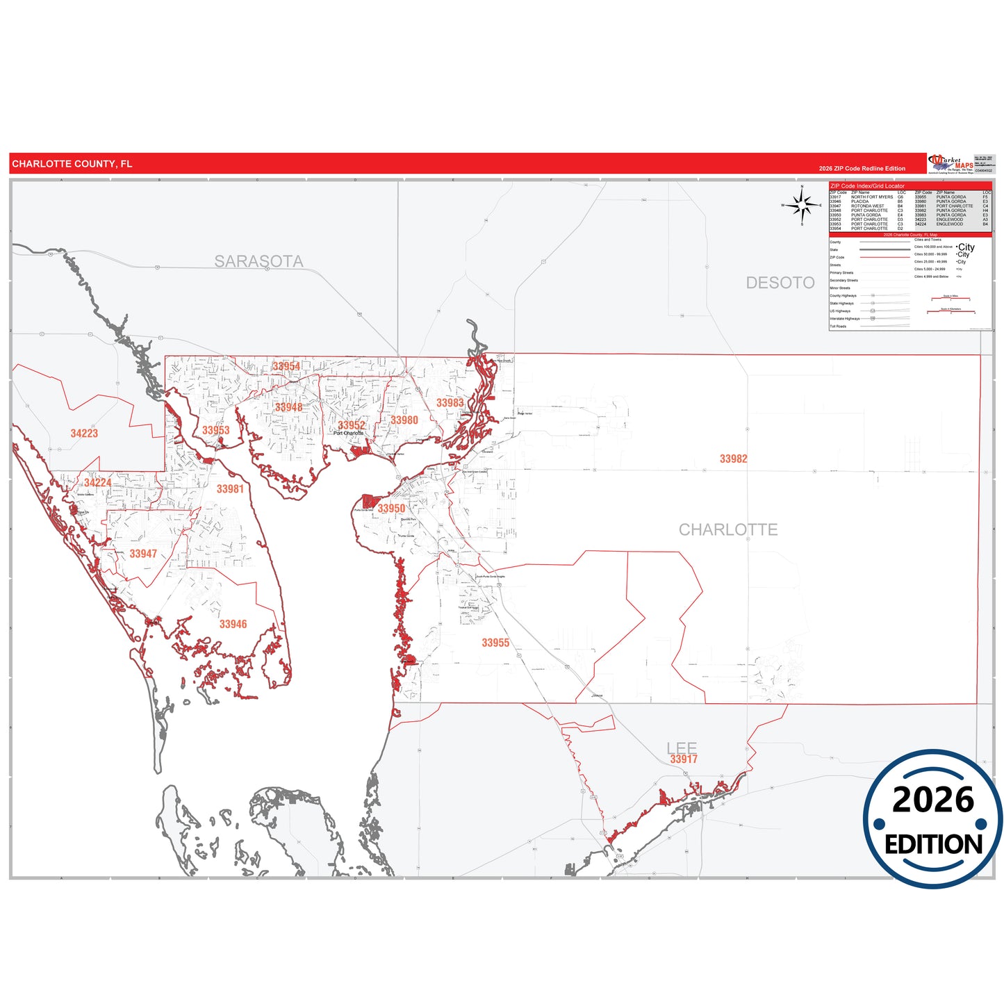 Charlotte County, FL Red Line 5 Digit ZIP Code Wall Map