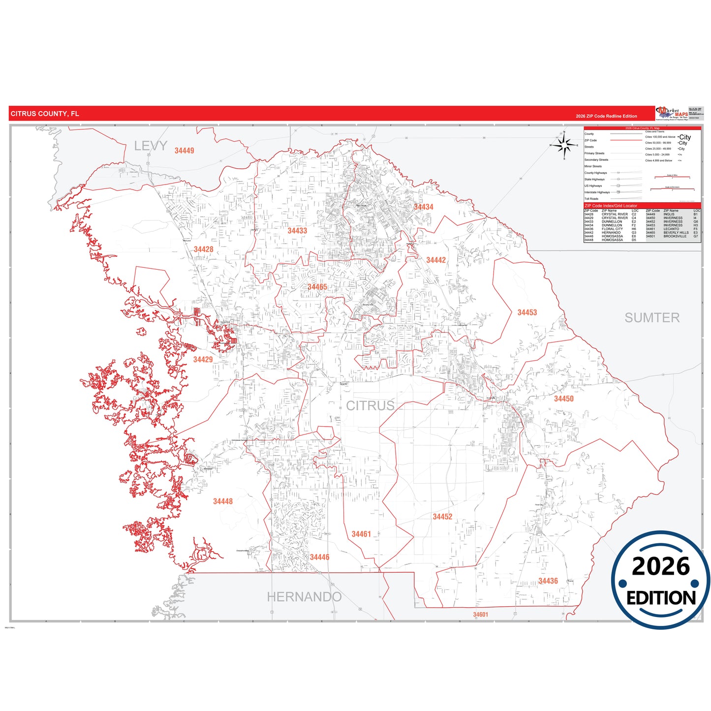 Citrus County, FL Red Line 5 Digit ZIP Code Wall Map