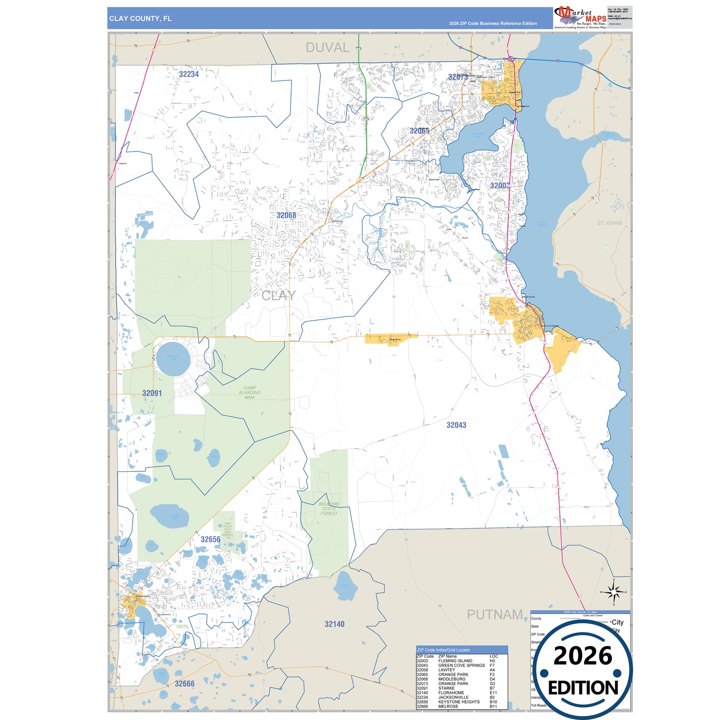 Clay County, FL Business Reference 5 Digit ZIP Code Wall Map