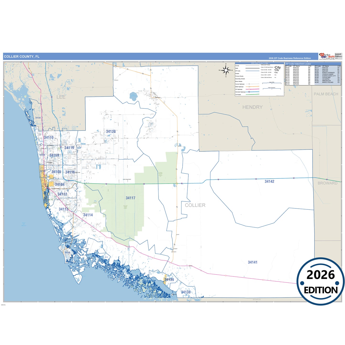 Collier County, FL Business Reference map with detailed roads, cities, and ZIP code boundaries.