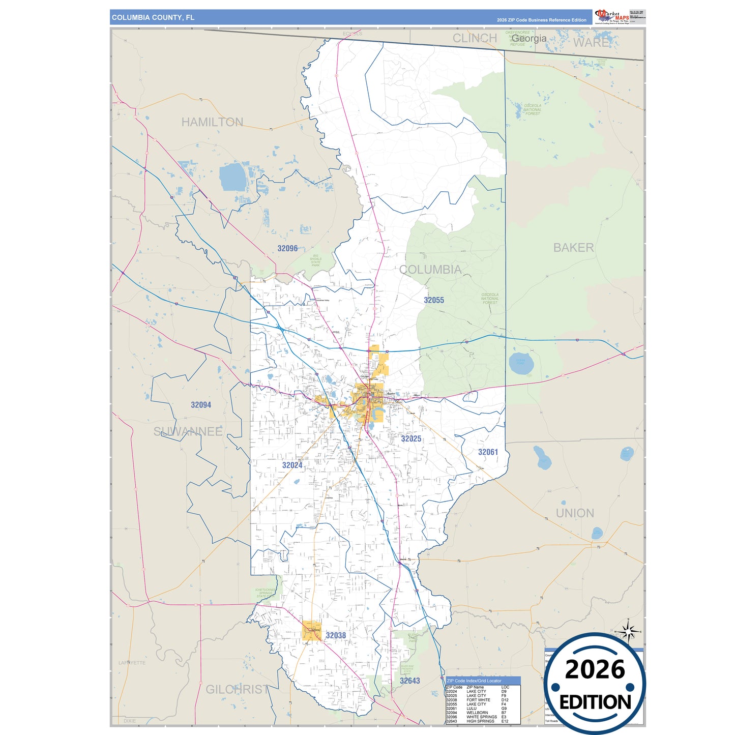 Columbia County, FL Business Reference 5 Digit ZIP Code Wall Map