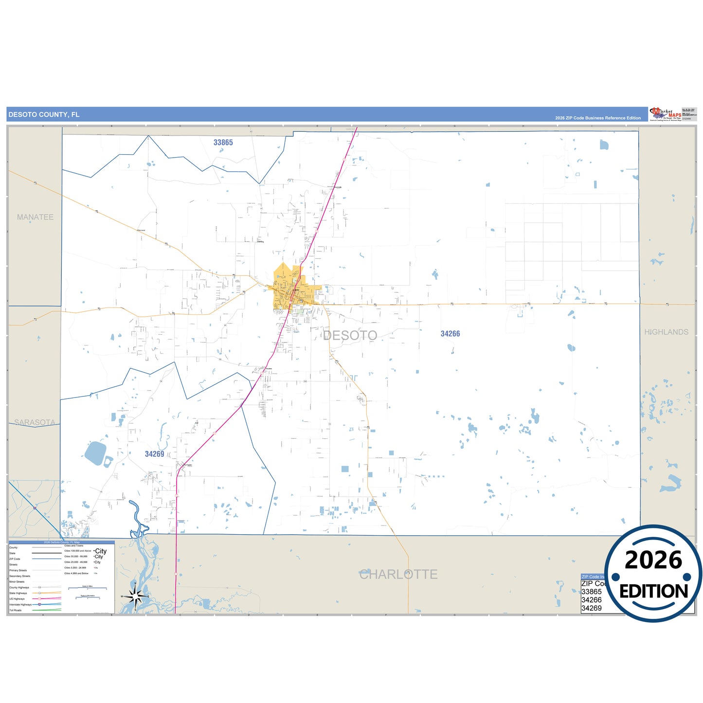 DeSoto County, FL Business Reference map with detailed roads, cities, and ZIP code boundaries.