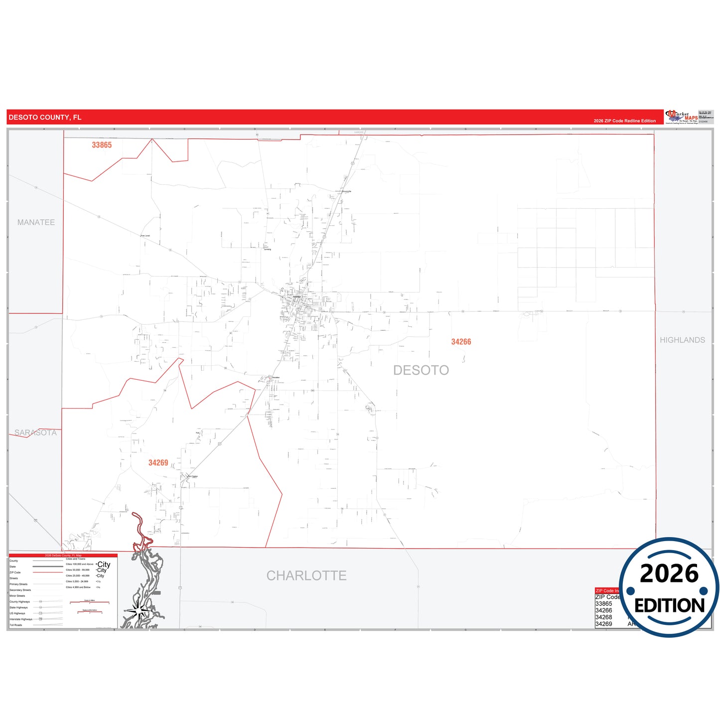 DeSoto County, FL Red Line 5 Digit ZIP Code Wall Map