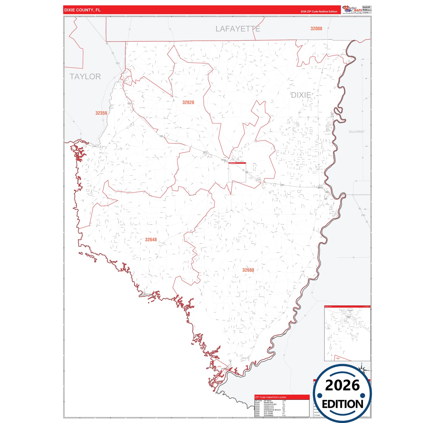 Dixie County, FL Red Line 5 Digit ZIP Code Wall Map