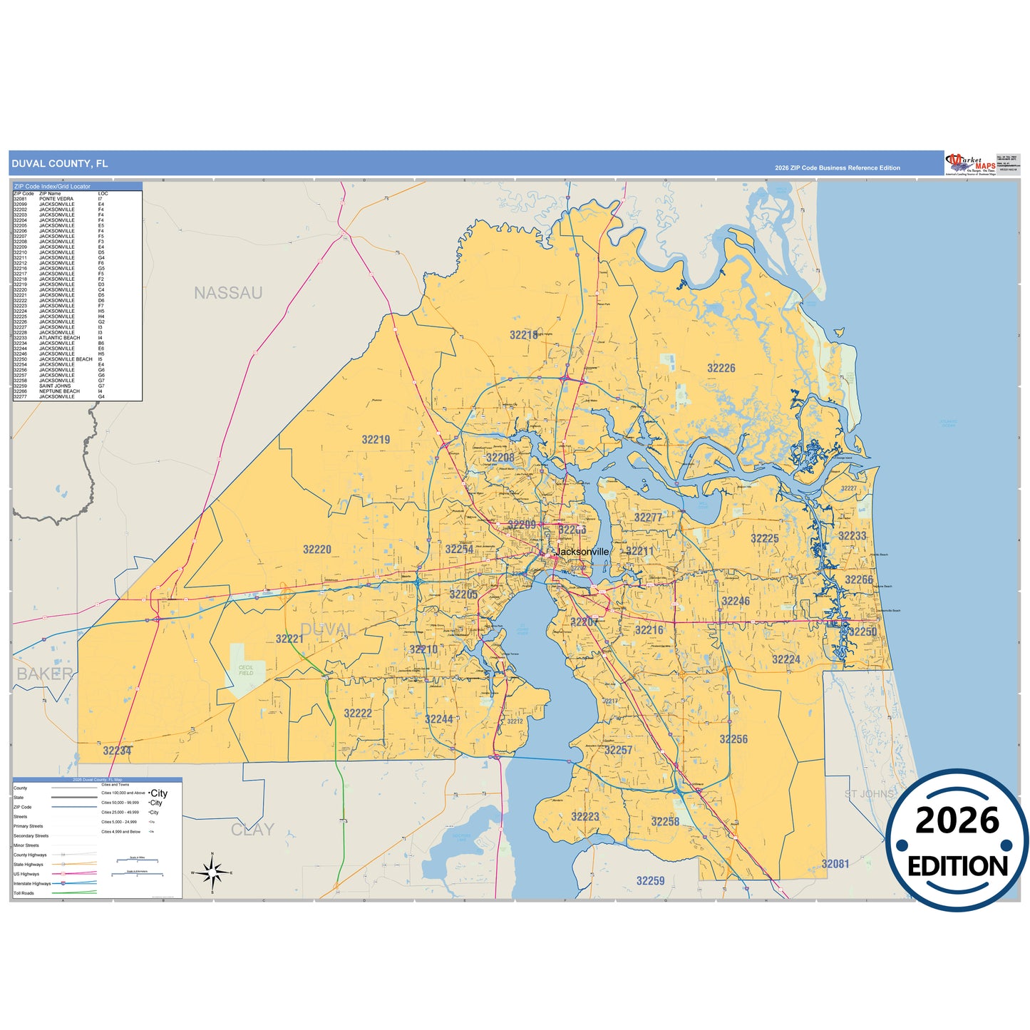Duval County, FL Business Reference 5 Digit ZIP Code Wall Map