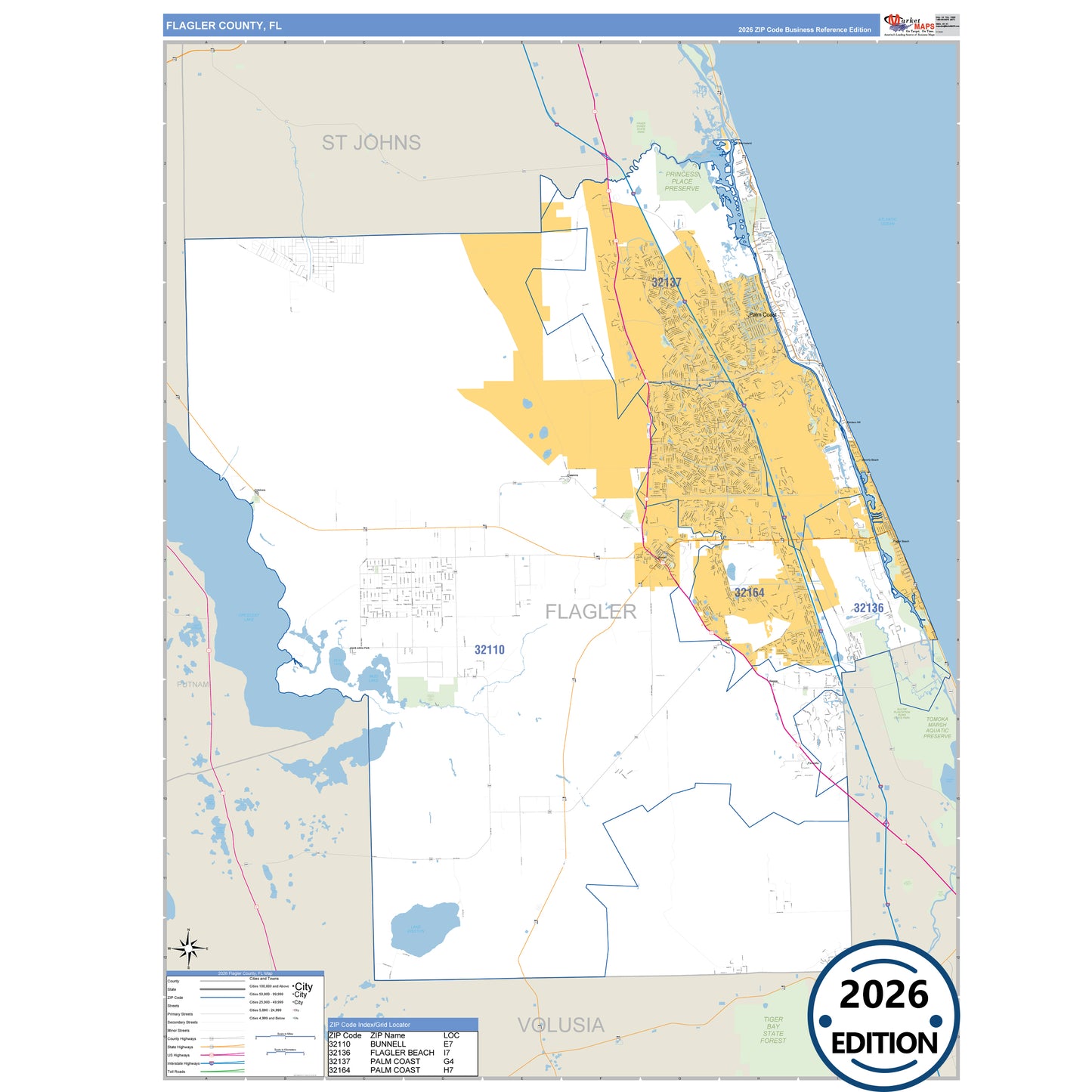 Flagler County, FL Business Reference map with detailed roads, cities, and ZIP code boundaries.
