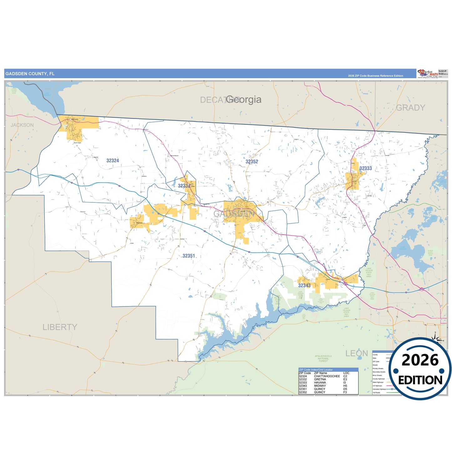 Gadsden County, FL Business Reference map with detailed roads, cities, and ZIP code boundaries.