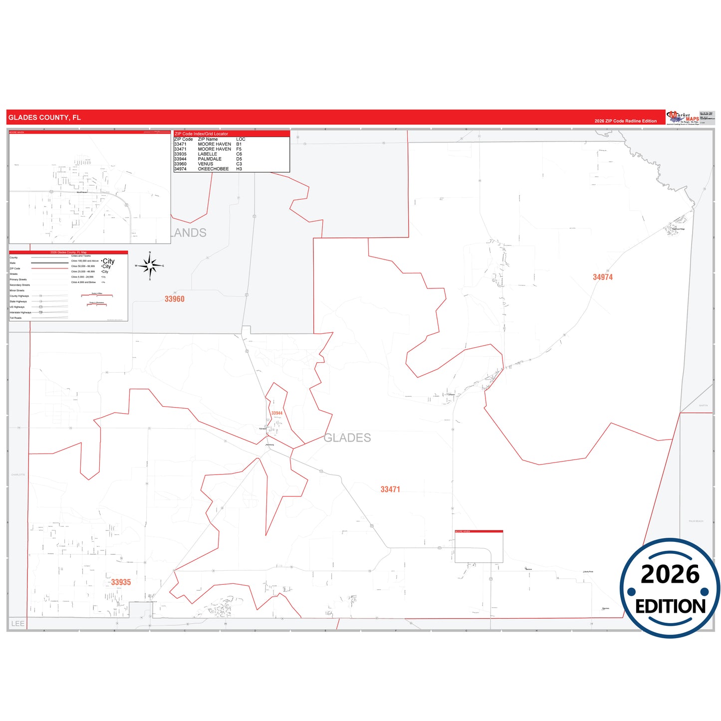Glades County, FL Red Line 5 Digit ZIP Code Wall Map
