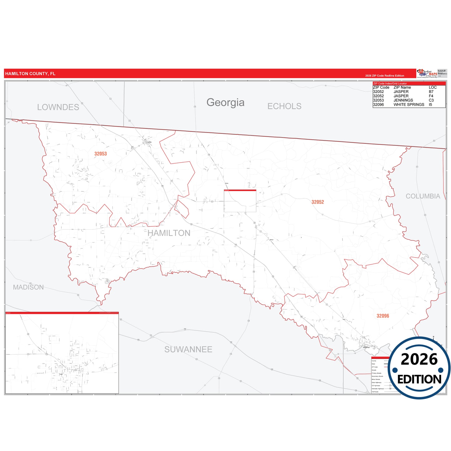 Hamilton County, FL Red Line 5 Digit ZIP Code Wall Map