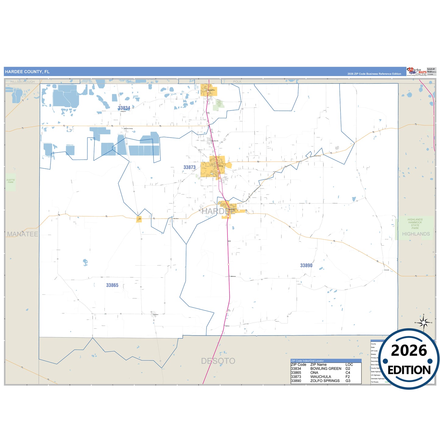 Hardee County, FL Business Reference 5 Digit ZIP Code Wall Map