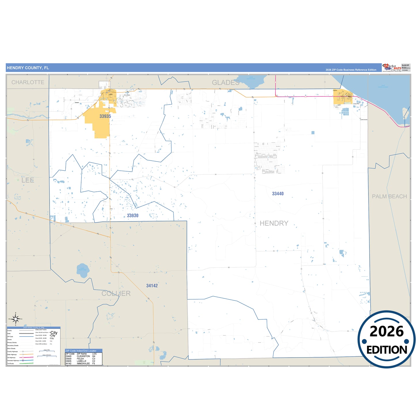 Hendry County, FL Business Reference 5 Digit ZIP Code Wall Map