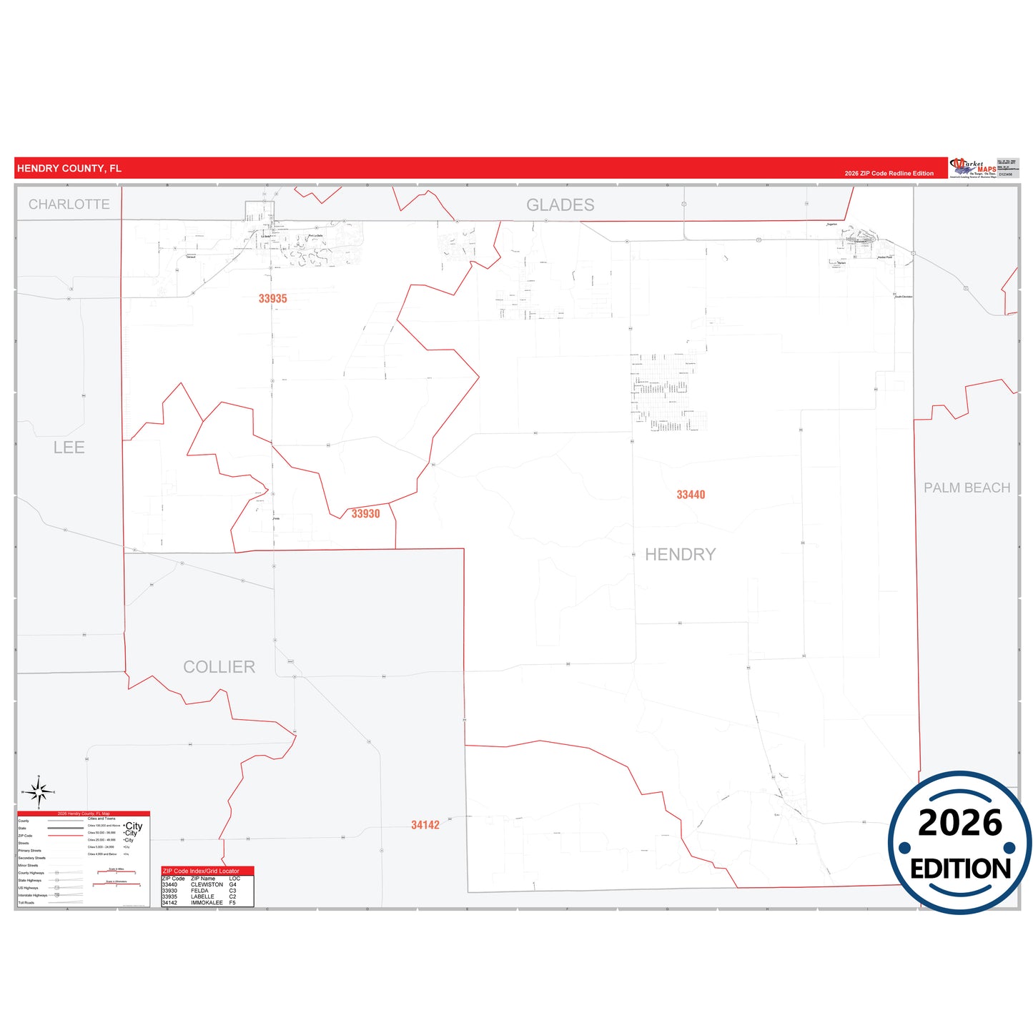 Hendry County, FL Red Line 5 Digit ZIP Code Wall Map