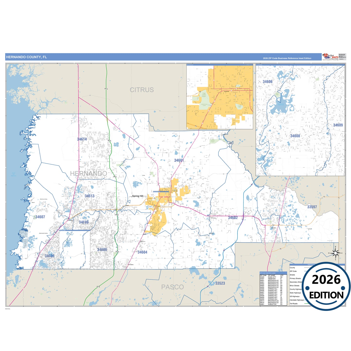 Hernando County, FL Business Reference 5 Digit ZIP Code Wall Map