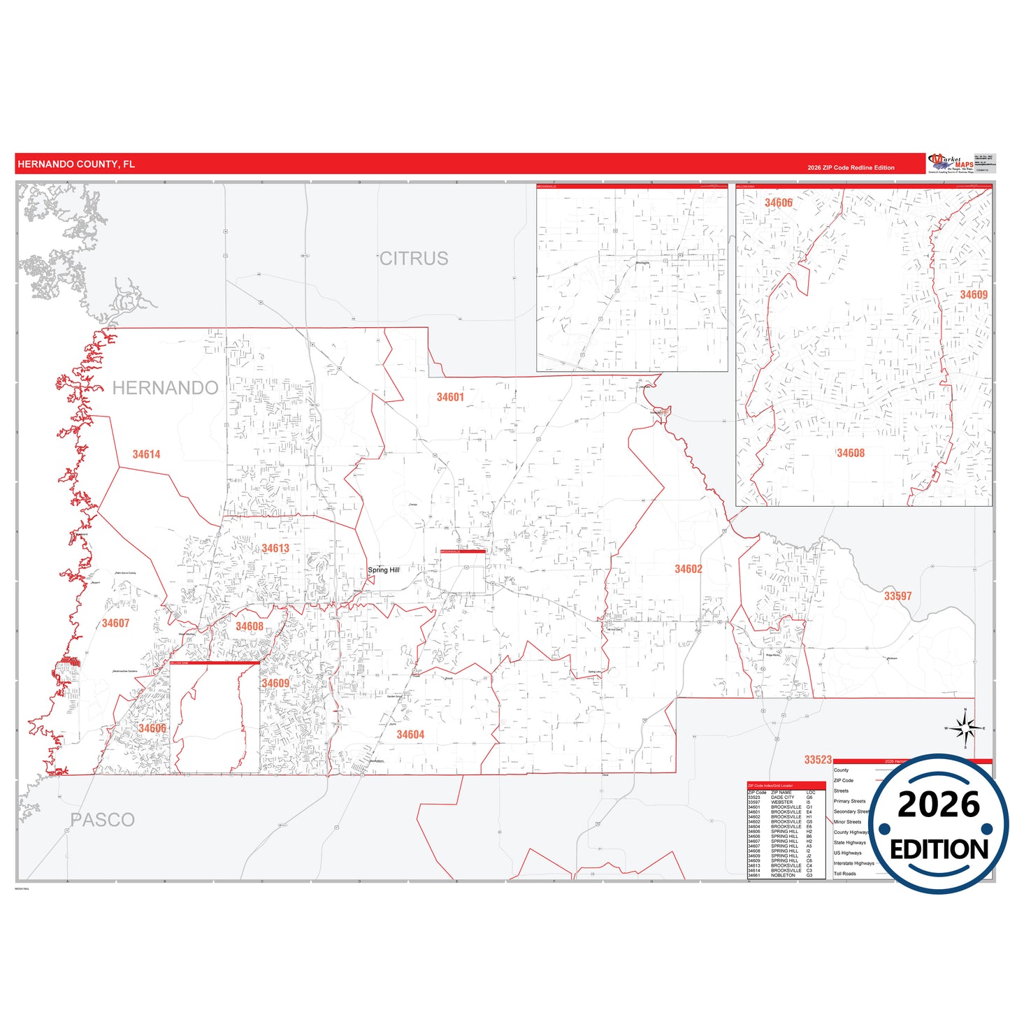 Hernando County, FL Red Line 5 Digit ZIP Code Wall Map