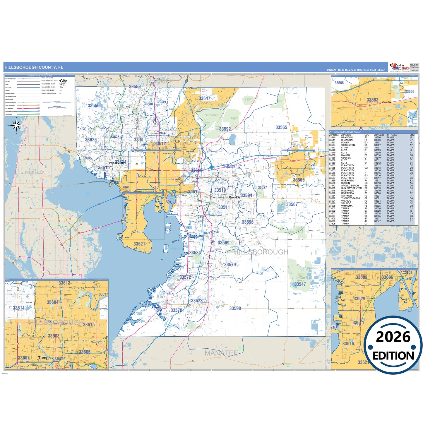 Hillsborough County, FL Business Reference 5 Digit ZIP Code Wall Map