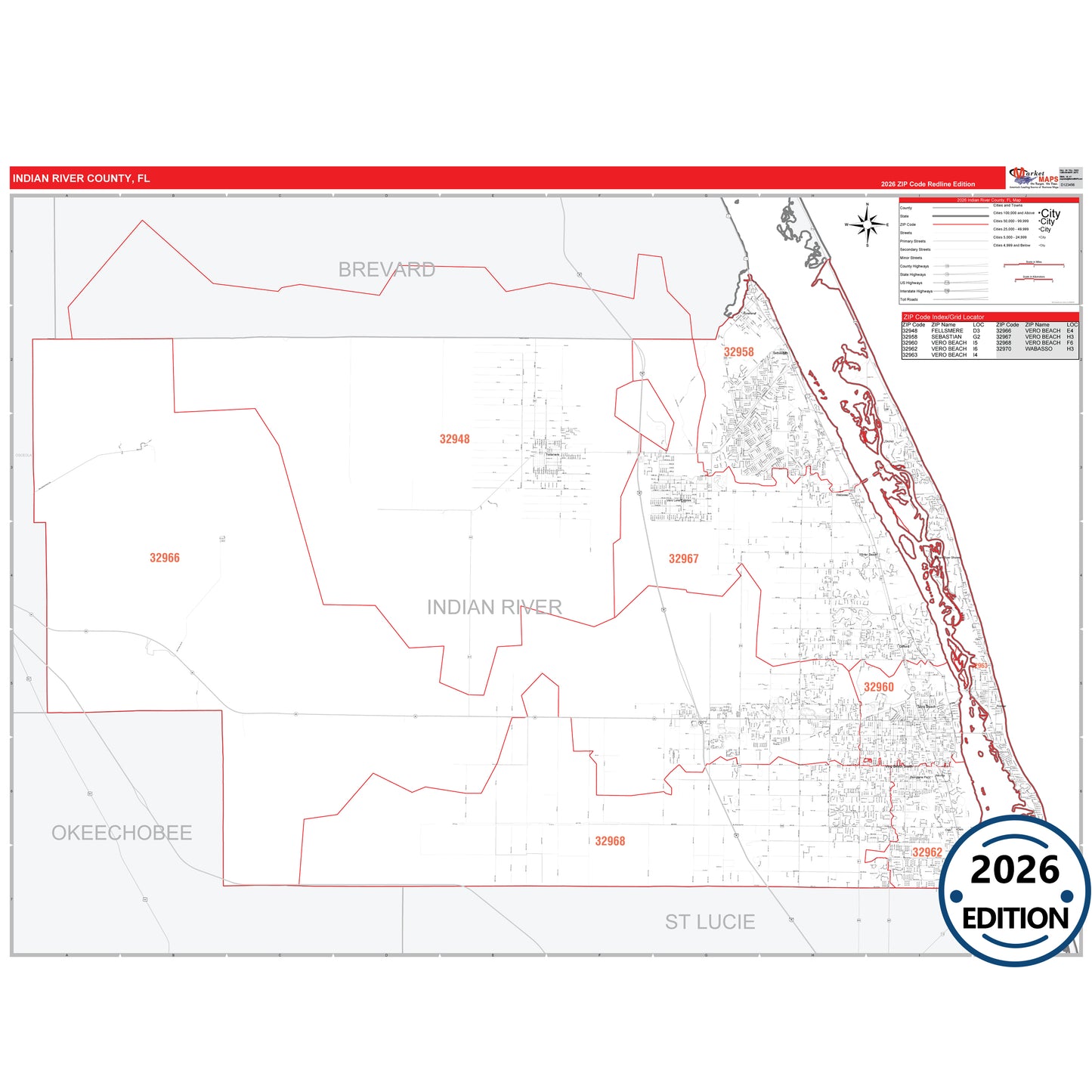 Indian River County, FL Red Line 5 Digit ZIP Code Wall Map