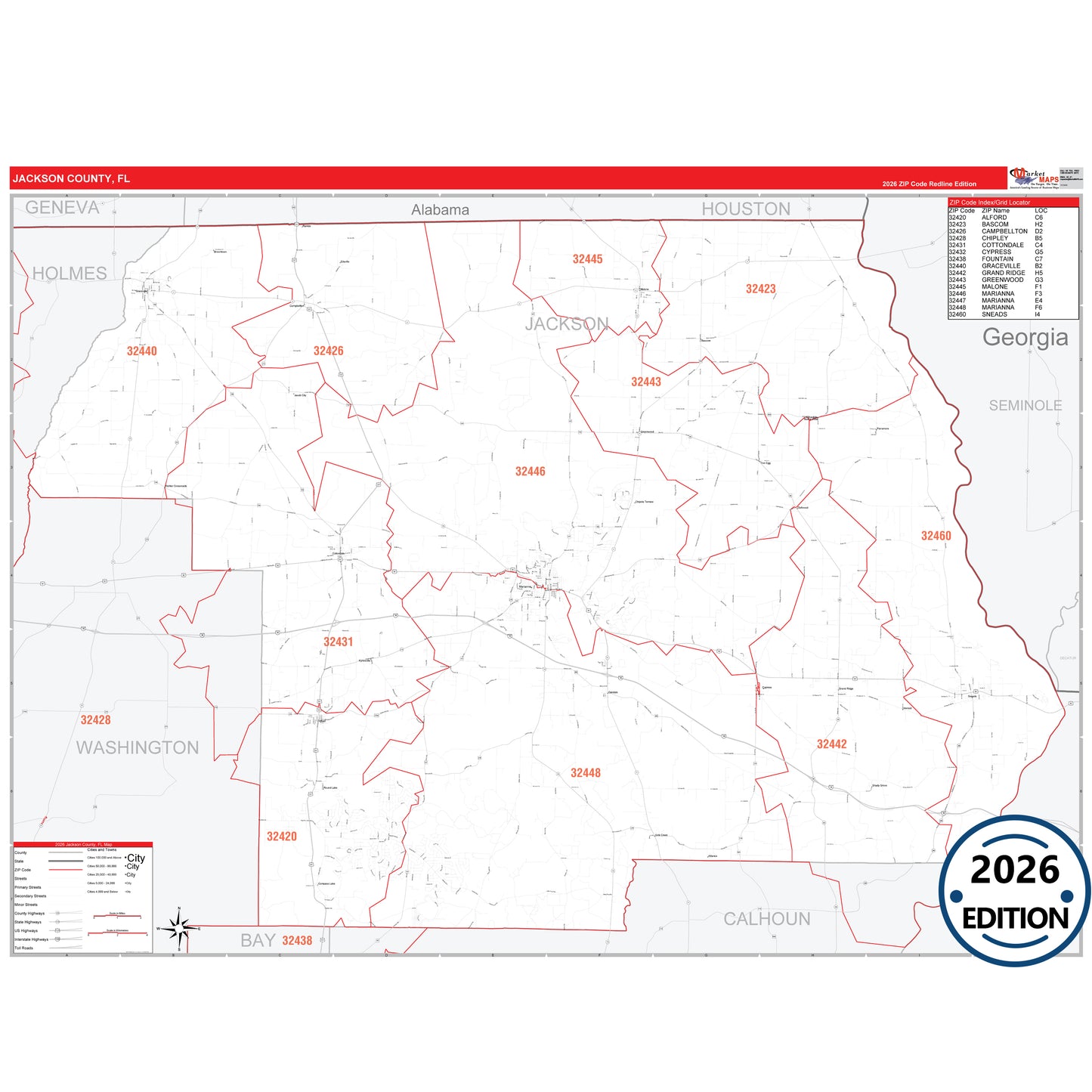 Jackson County, FL Red Line map with detailed roads, cities, and ZIP code boundaries.
