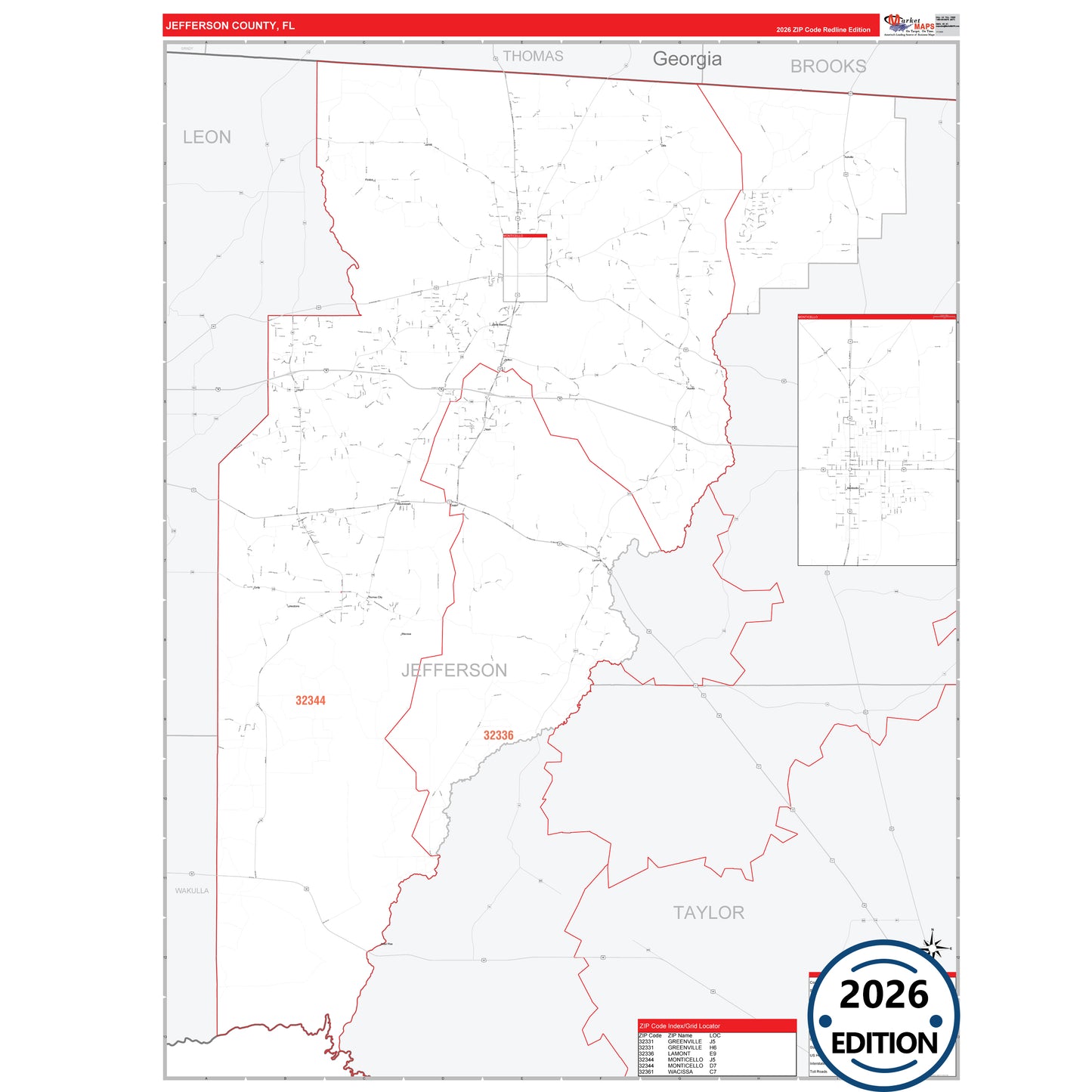 Jefferson County, FL Red Line map with detailed roads, cities, and ZIP code boundaries.