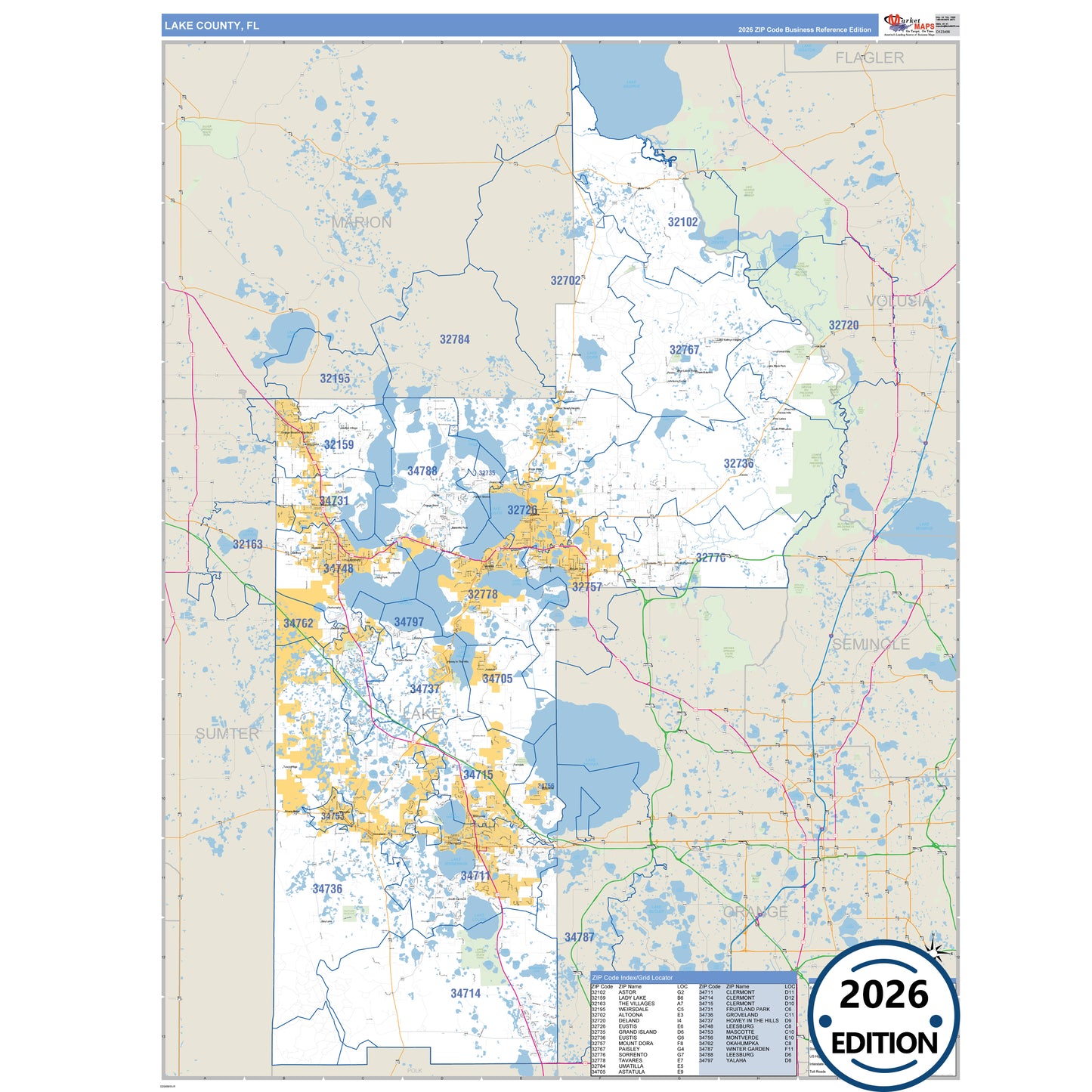 Lake County, FL Business Reference 5 Digit ZIP Code Wall Map