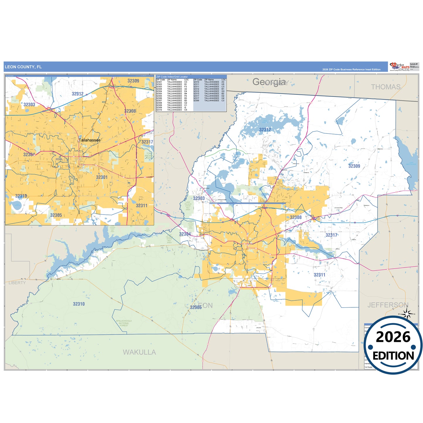 Leon County, FL Business Reference map with detailed roads, cities, and ZIP code boundaries.