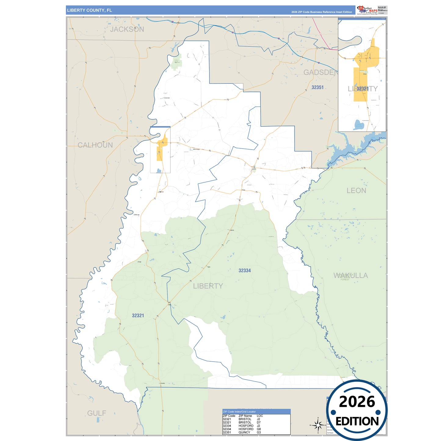 Liberty County, FL Business Reference 5 Digit ZIP Code Wall Map
