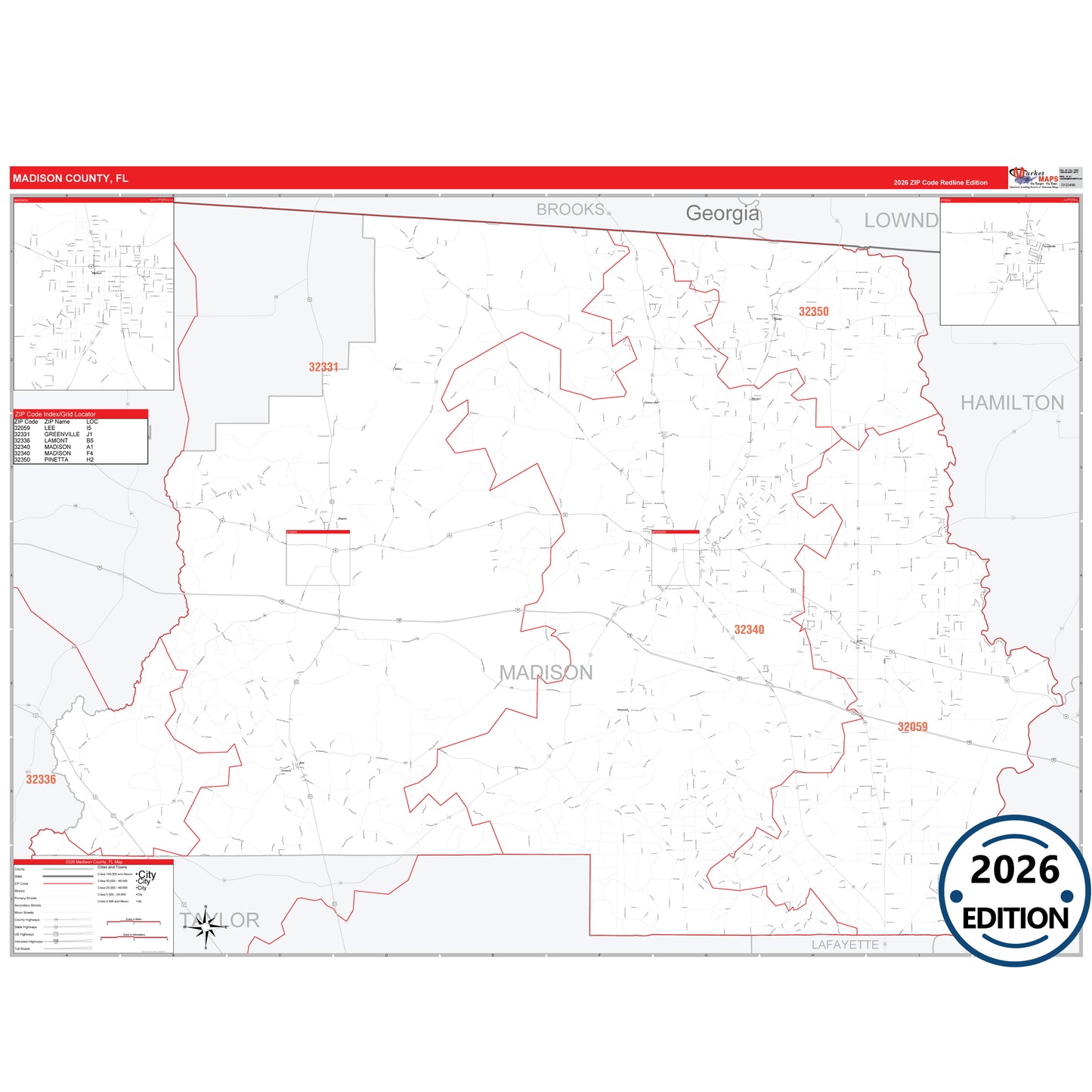 Madison County, FL Red Line 5 Digit ZIP Code Wall Map