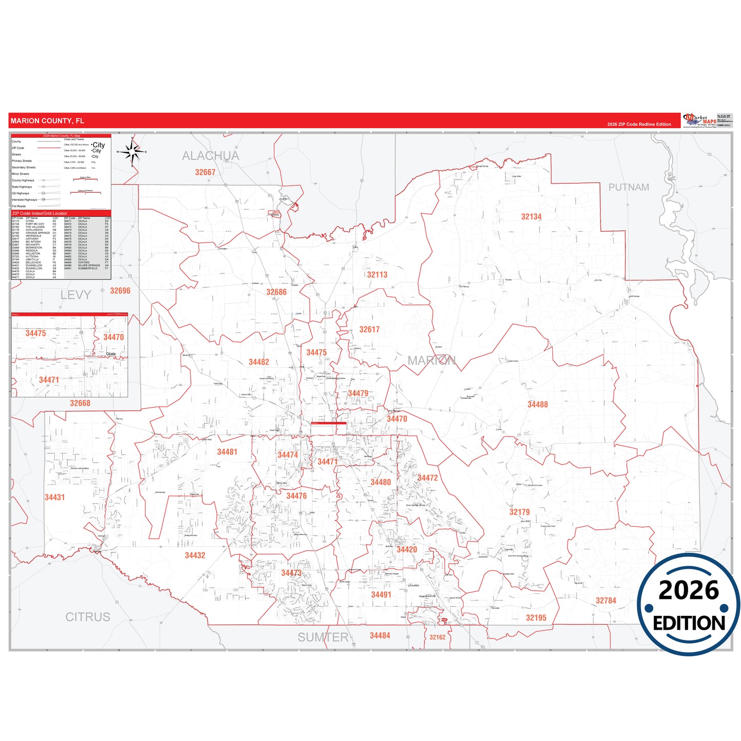 Marion County, FL Red Line 5 Digit ZIP Code Wall Map