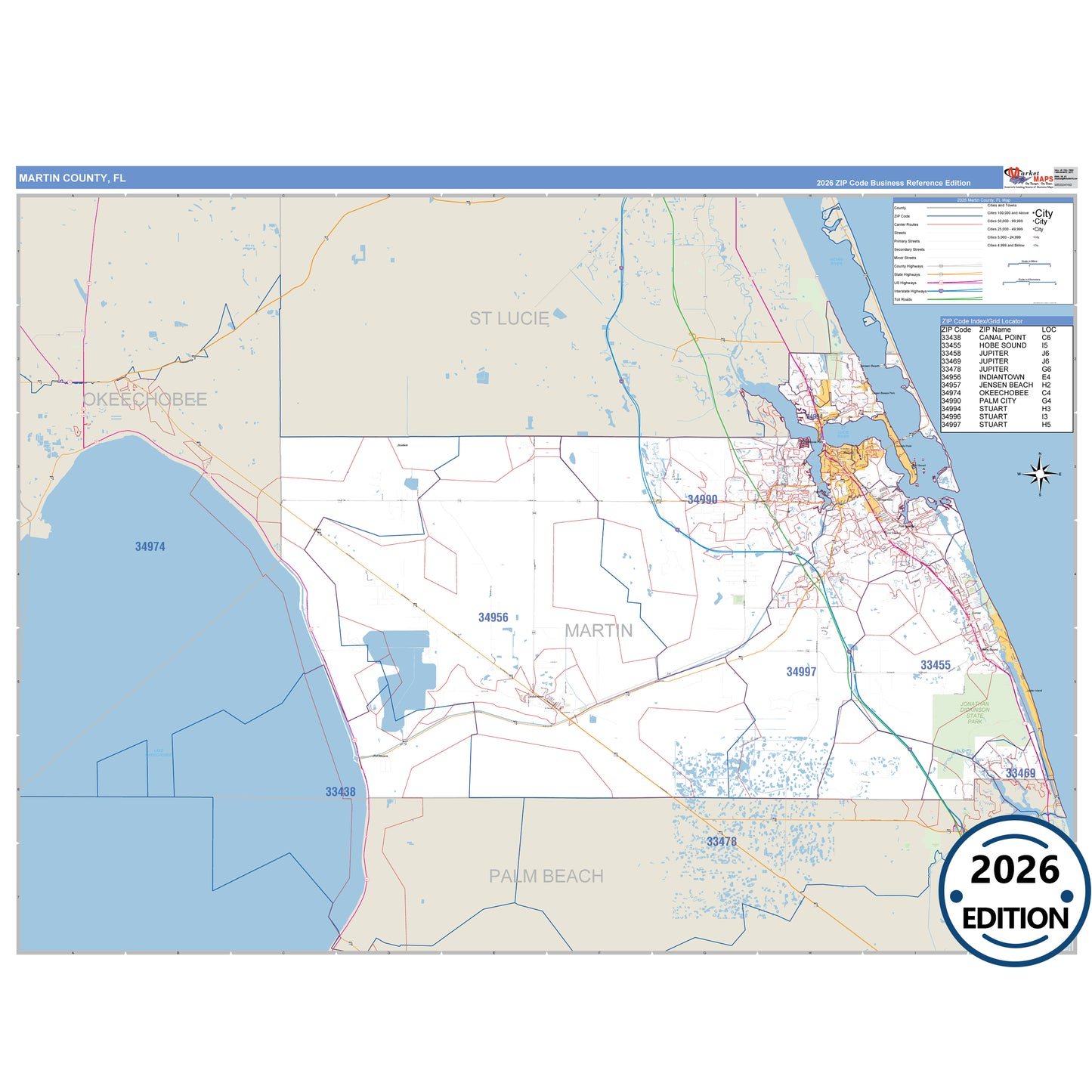 Martin County, FL Business Reference 5 Digit ZIP Code Wall Map