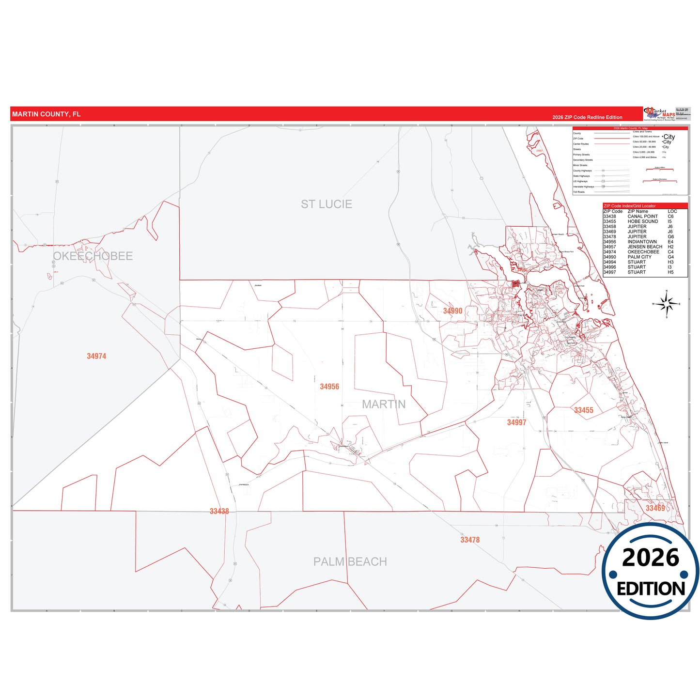 Martin County, FL Red Line 5 Digit ZIP Code Wall Map