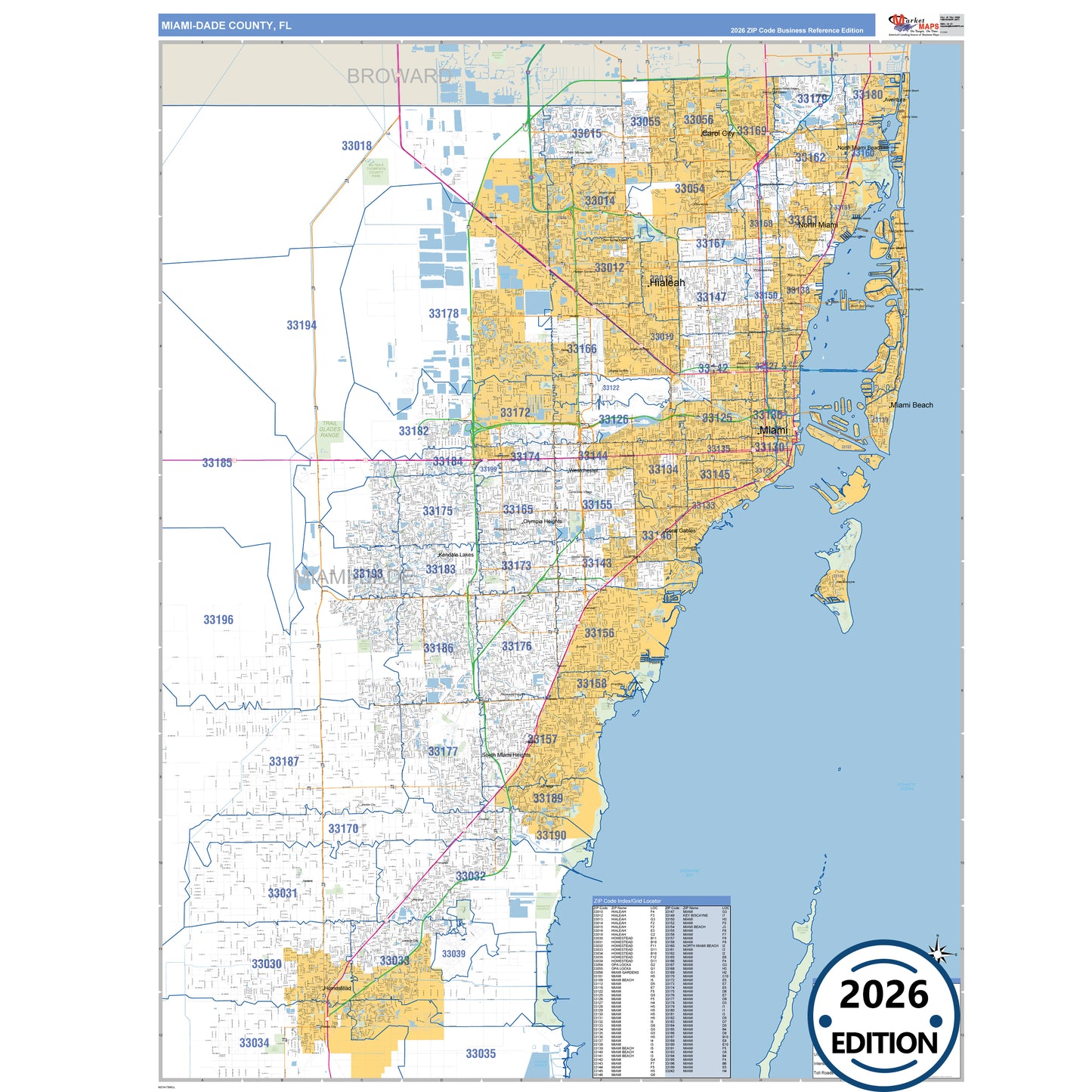Miami-Dade County, FL Business Reference 5 Digit ZIP Code Wall Map