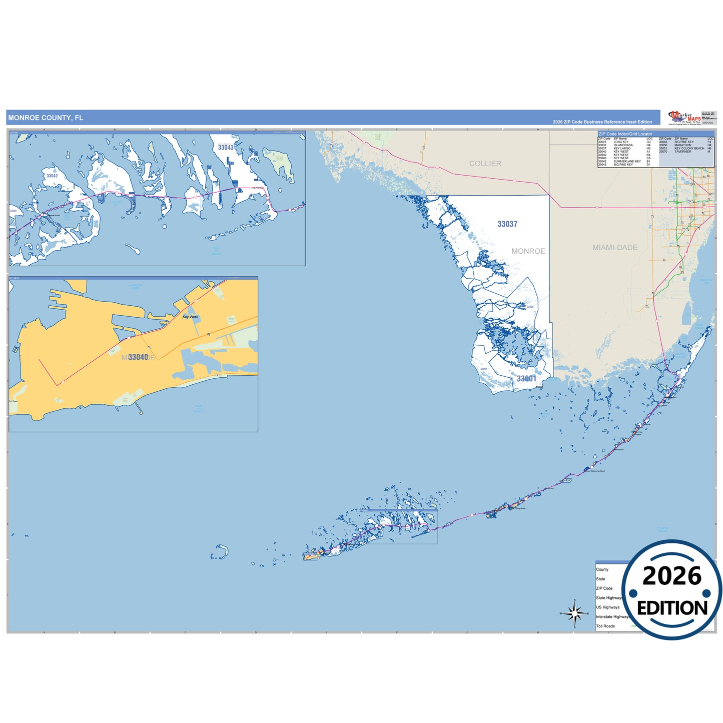 Monroe County, FL Business Reference 5 Digit ZIP Code Wall Map