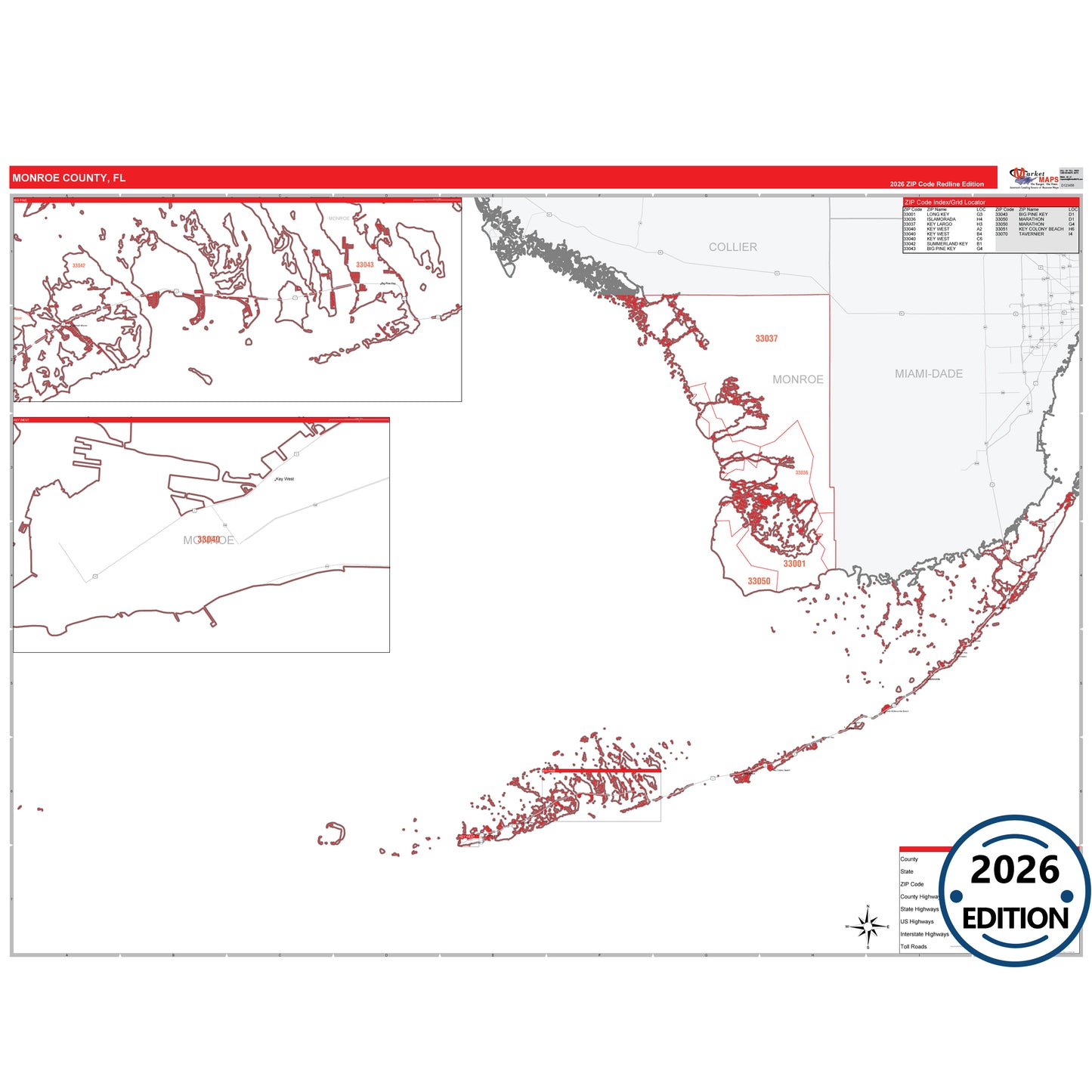 Monroe County, FL Red Line 5 Digit ZIP Code Wall Map