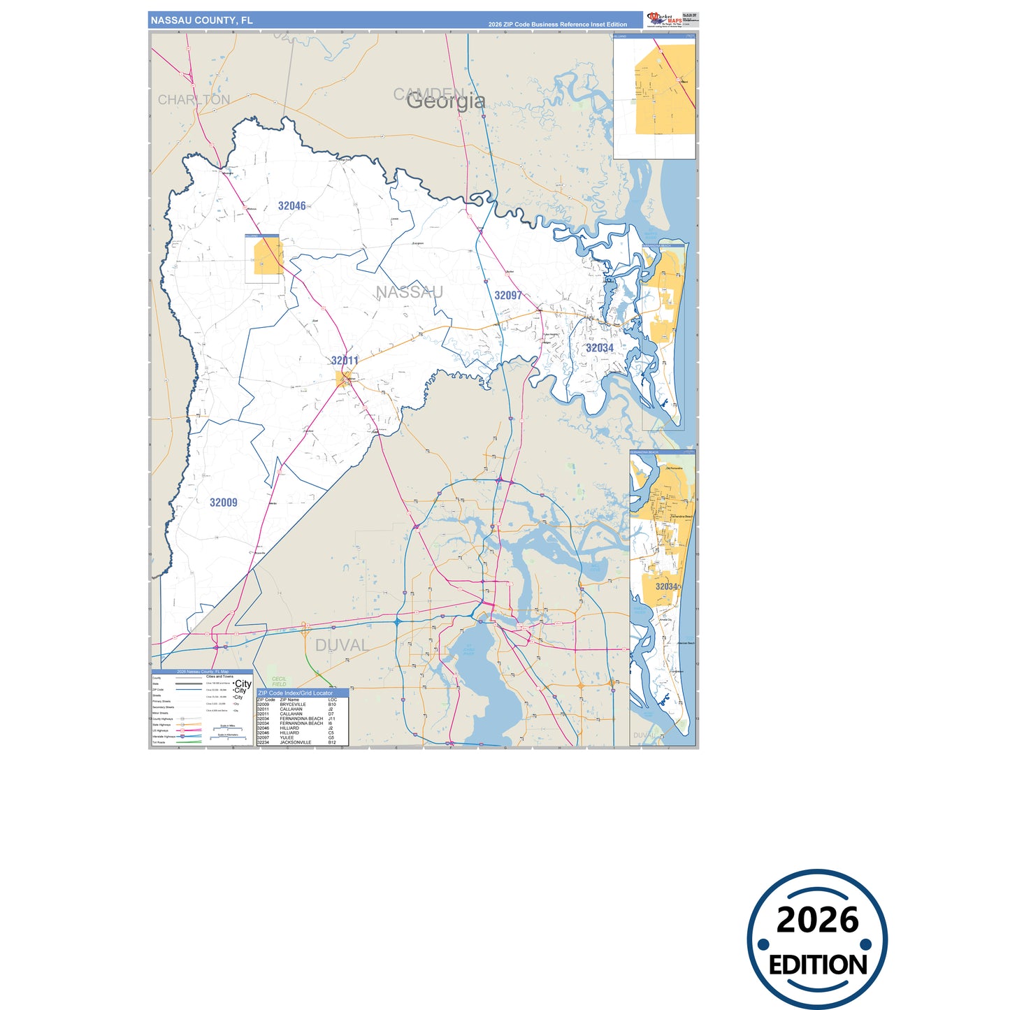 Nassau County, FL Business Reference 5 Digit ZIP Code Wall Map